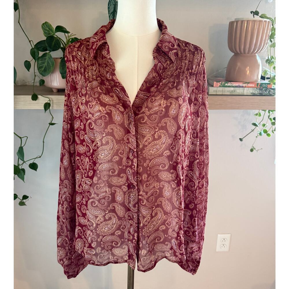 Express Burgundy Paisley Long Sleeve Sheer Button Front Blouse Large Office Fall